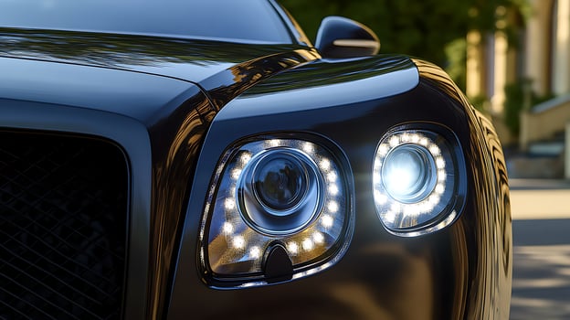 Capture the brilliance of a luxury car headlight and front light with copy space photo