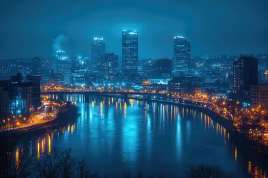Pittsburgh skyline reflecting in allegheny river at night photo