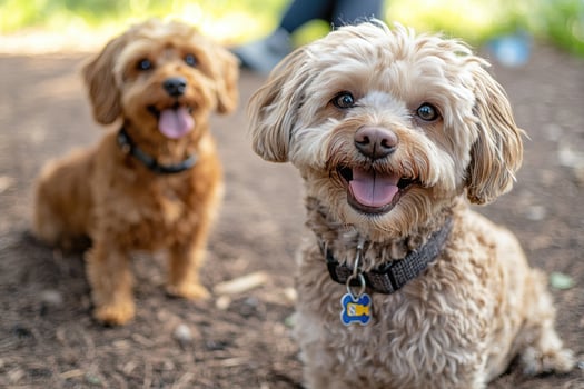Two happy dogs smiling outdoors in park photo