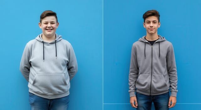 Diverse youth fashion trends, casual hoodie style, twin portrait against blue background photo