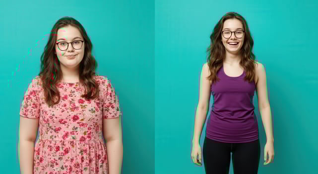 Transformation journey. from floral dress to activewear on vibrant turquoise background photo