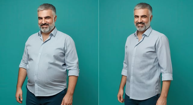 Transformational weight loss journey, before and after portrait, middle eastern man, health and fitness concept photo
