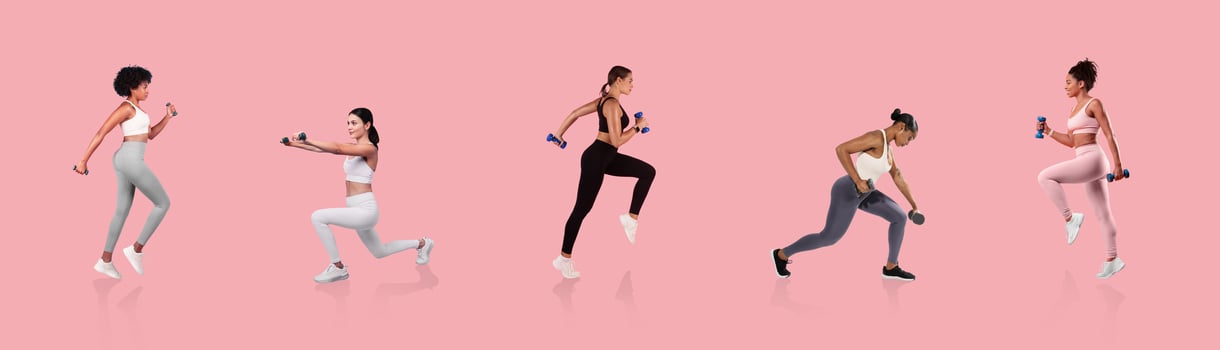 Several women of different appearances are performing a variety of fitness exercises, showcasing energy and strength. Their movements depict an active and healthy lifestyle. photo