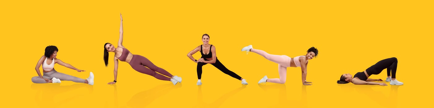 A group of women demonstrates different fitness exercises including stretches and strength training. The vibrant yellow background adds energy to their workout session. photo