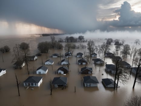Aerial view of a residential area affected by flooding with houses and trees submerged in water. photo
