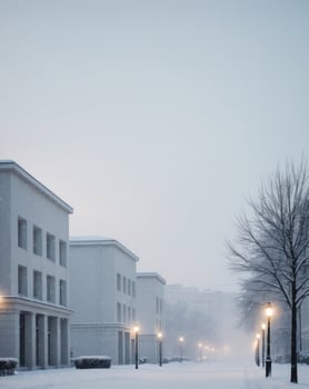 A winter scene of a snowy city street with buildings in the background. photo
