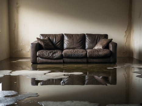 Water Damage in a Living Room with a Leather Sofa. photo
