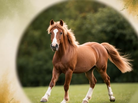 A charming miniature horse trotting in a pasture. photo