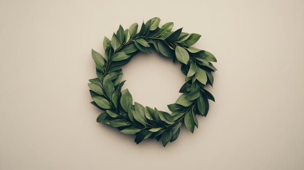 Green leaf wreath on beige background, minimalist decor. Natural and eco-friendly concept photo