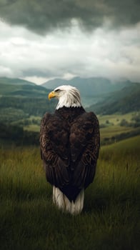 Bald eagle perched on grassy hill with mountain landscape, wildlife photography photo