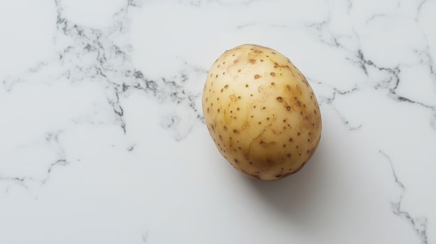 Potato on marble countertop close-up, food photography concept photo