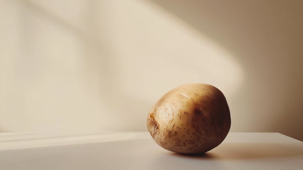 Single potato on white table in soft natural light, minimalistic still life photography photo