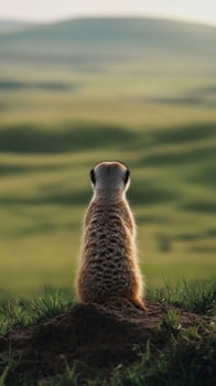 Lone meerkat sitting on a mound in green savanna, back view. Wilderness and observation concept photo