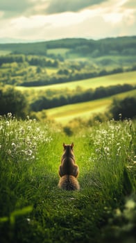 Squirrel observing lush landscape of rolling hills and fields photo