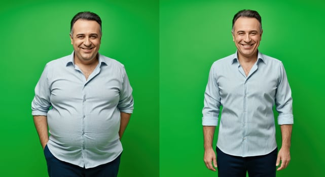 Transformation journey concept, fitness and health progress, before and after results on green background photo