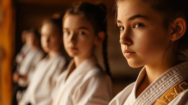 Young martial artists in focused stance at dojo photo