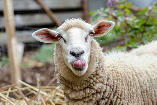 Sheep licking its nose in a farm setting photo
