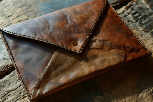 Vintage leather envelope on a rustic wooden table photo