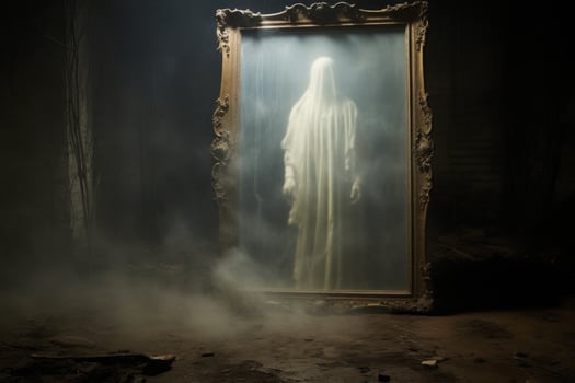 Mysterious ghostly figure appearing in an ornate vintage mirror in a dark, foggy room photo