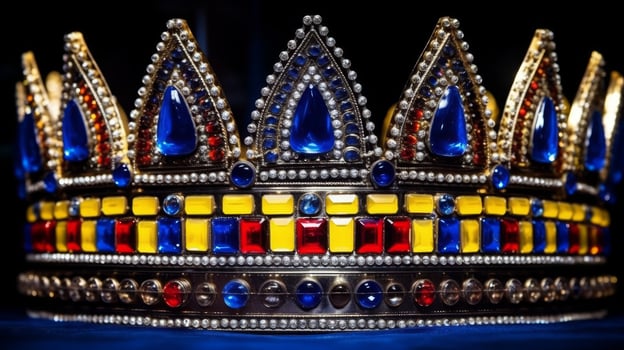 Regal crowns adorned with colorful gemstones on a dark background photo