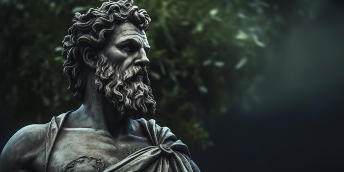 Majestic statue of a bearded classical figure in dramatic lighting photo