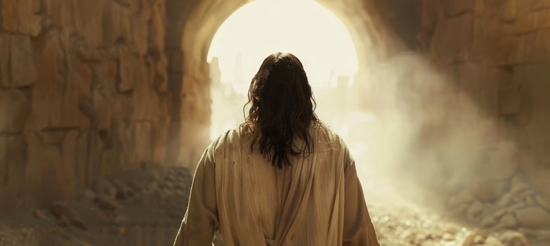 Mystical figure walking towards light at the end of a tunnel photo