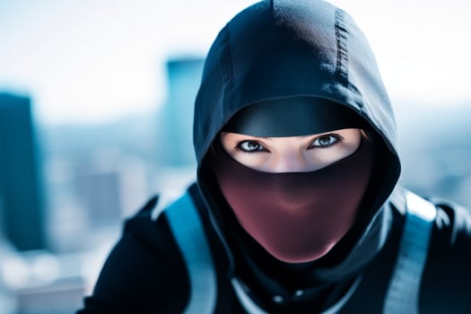 Mysterious person in a ninja outfit looking intently photo