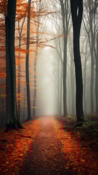 Mystical Autumn Forest Path in Fog photo