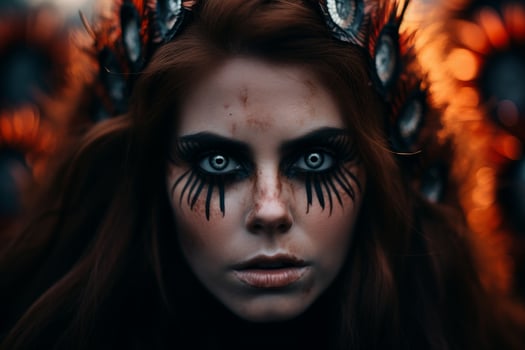 Intense woman with dramatic tribal makeup and feather headdress photo