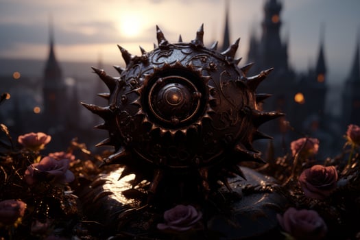 Mystical spiked orb amidst roses against a dramatic sunset cityscape photo