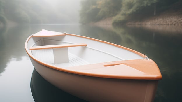 Serene Morning with a Canoe on a Misty Lake photo