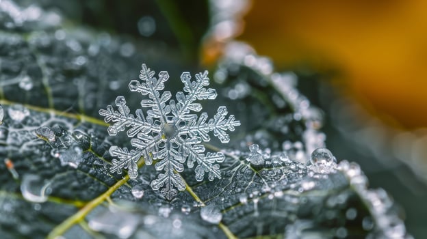 Exquisite snowflake crystal on a leaf with dew drops photo