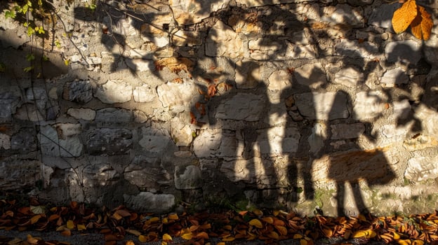 Autumn leaves scattered around a rustic, sunlit wall photo