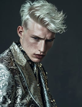 Stylish young man with platinum blonde hair in a luxurious patterned jacket photo
