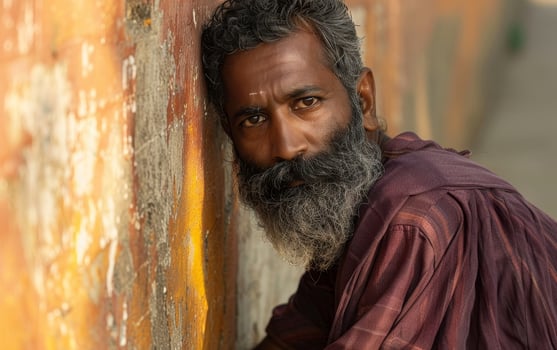 Portrait of a bearded man leaning against a textured wall photo