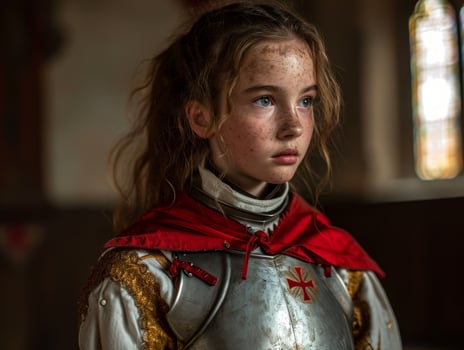 Young girl in medieval knight armor looking contemplative photo