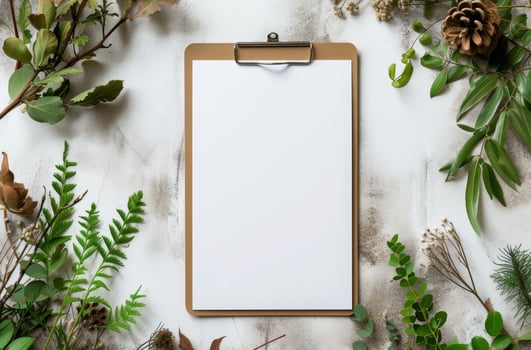 Blank clipboard with natural decorations on a white background photo