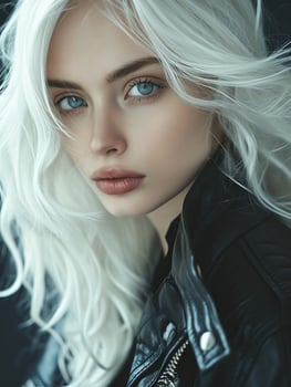 Portrait of a Young Woman with Striking Blue Eyes and White Hair photo