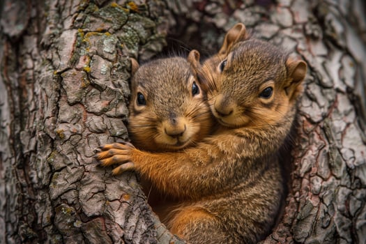 Two Squirrels Peeking from a Tree Hole photo