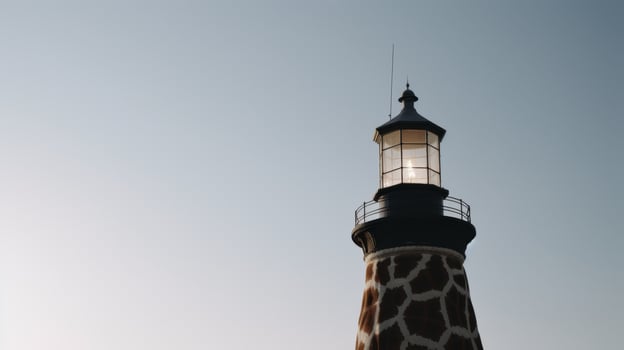 Giraffe reaching for lighthouse light at dusk photo