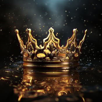 Regal crown submerged in water with splashes and golden reflections photo