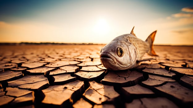 Fish on Cracked Dry Land at Sunset photo