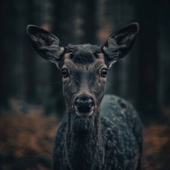 Intense Gaze of a Deer in a Misty Forest photo