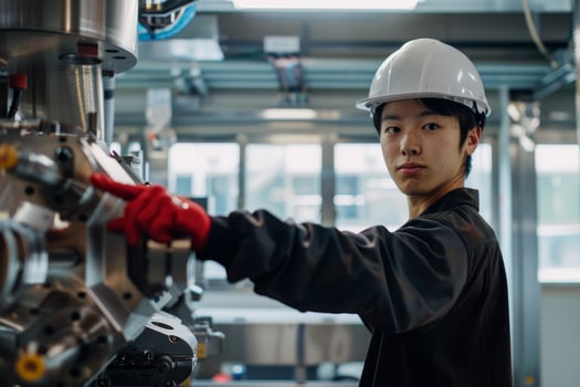 Engineer inspecting machinery in industrial setting photo