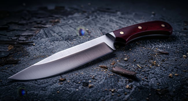 Close up of a sharp hunting knife on a textured surface photo
