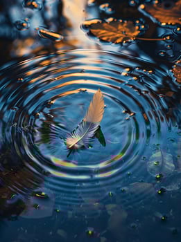 Feather floating on serene water with circular ripples around photo