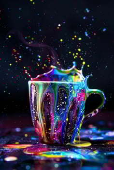 Colorful splash from a vibrant painted cup on a dark background photo