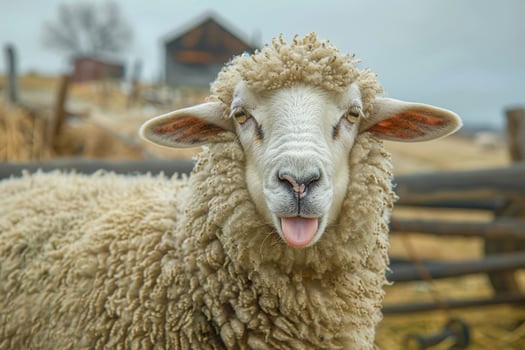 Playful sheep sticking out tongue at a farm photo