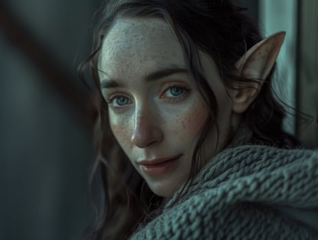 Mystical elf woman with captivating eyes in a cozy setting photo