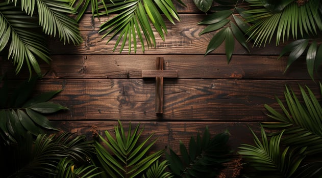 Wooden Cross Surrounded by Palm Leaves on a Rustic Background photo
